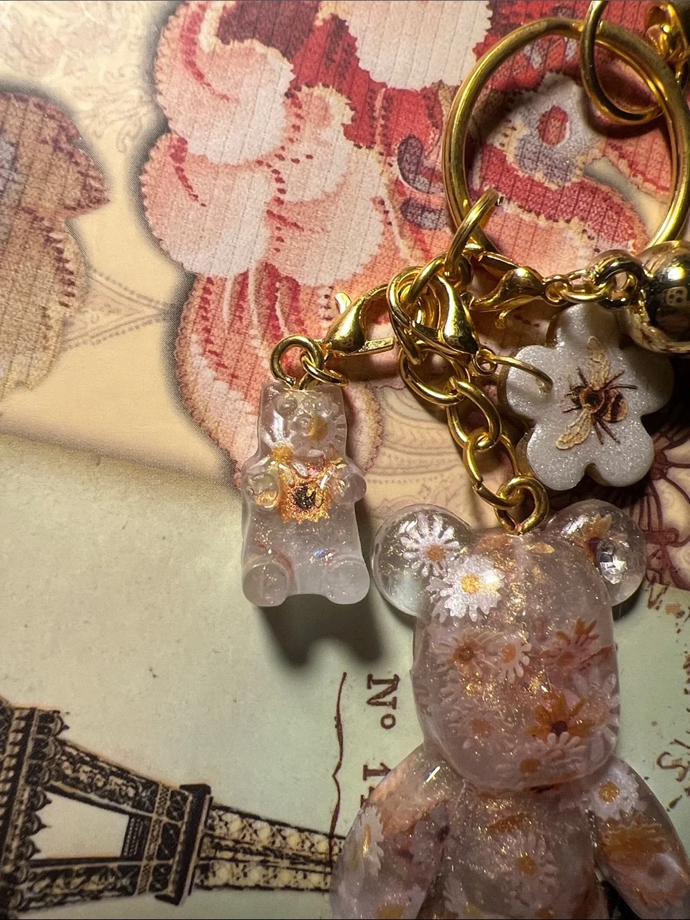 Gold Floral Resin Bear Keychain, backpack or purse Charm - Women's Accessory